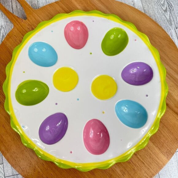 Pier 1 Pastel Deviled Eggs Easter Ceramic Platter Multicolor 11 Inch Round - Picture 5 of 13